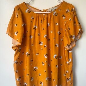 LOFT Orange Floral Blouse L Cottagecore Linen Blend Boho Top Spring Summer